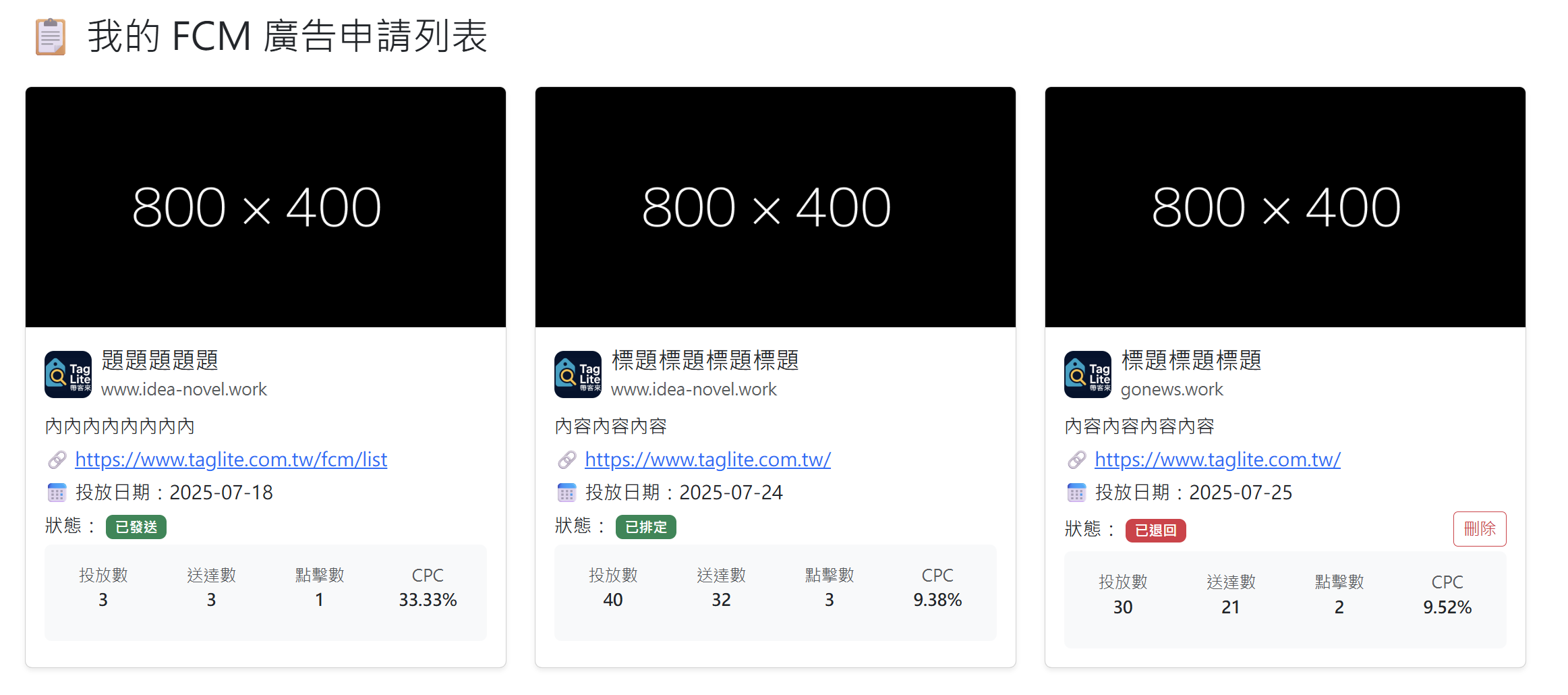 廣告投放統計畫面